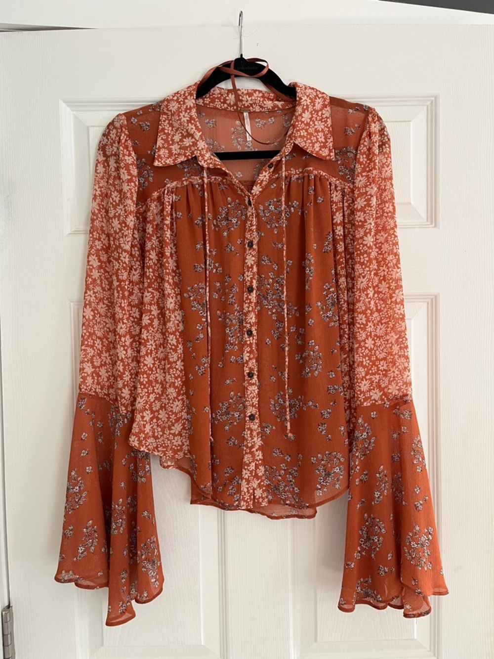 Free People Floral Sheer Button-Front Blouse